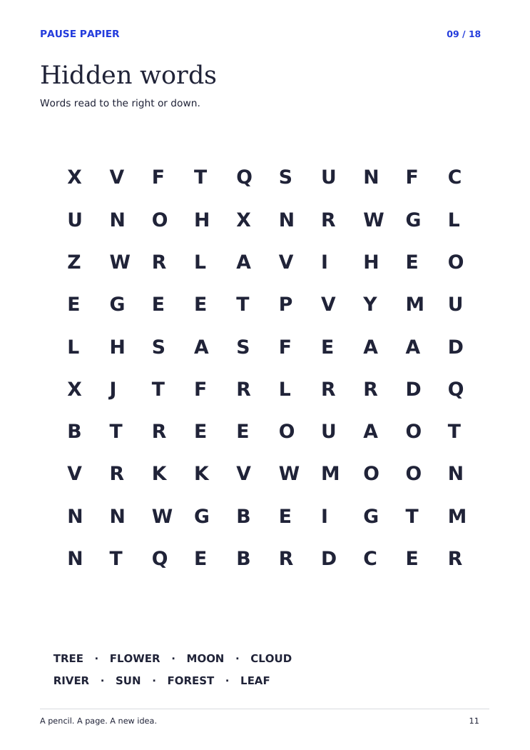Pause Papier printable word-search worksheet in English